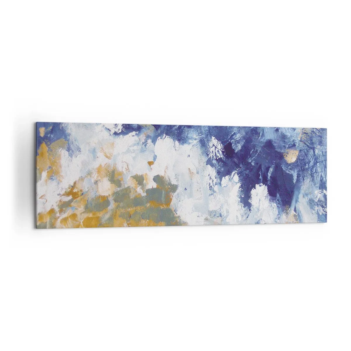 Impression sur toile - Image sur toile - Abstraction dans les tons de bleu, blanc et or - 160x50cm - Danse des éléments - Décoration murale moderne pour le salon et la chambre ARTTOR