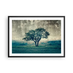 Affiche dans un cadre noir - Poster - Un arbre solitaire dans un paysage brumeux - 70x50cm - Un pommier sur un champ bleu ? - Décoration murale moderne pour le salon et la chambre ARTTOR