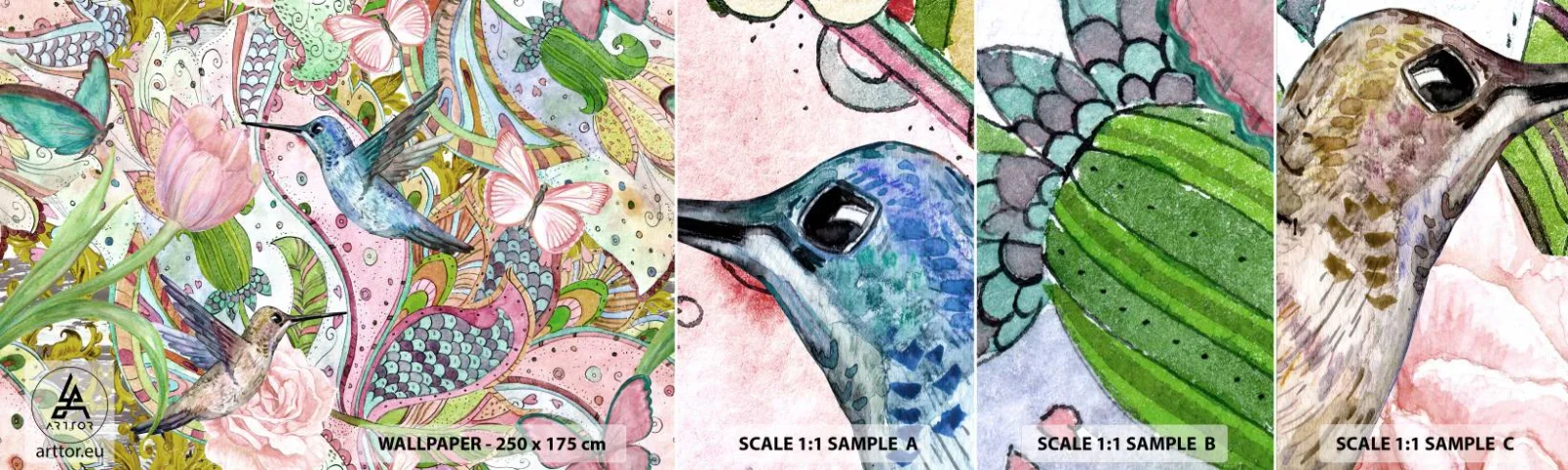 Échantillon de Papier Peint Autocollant Deluxe Sticker - Empêtré dans les vignes - Fleurs, Oiseau, Papillon - 100x30 cm