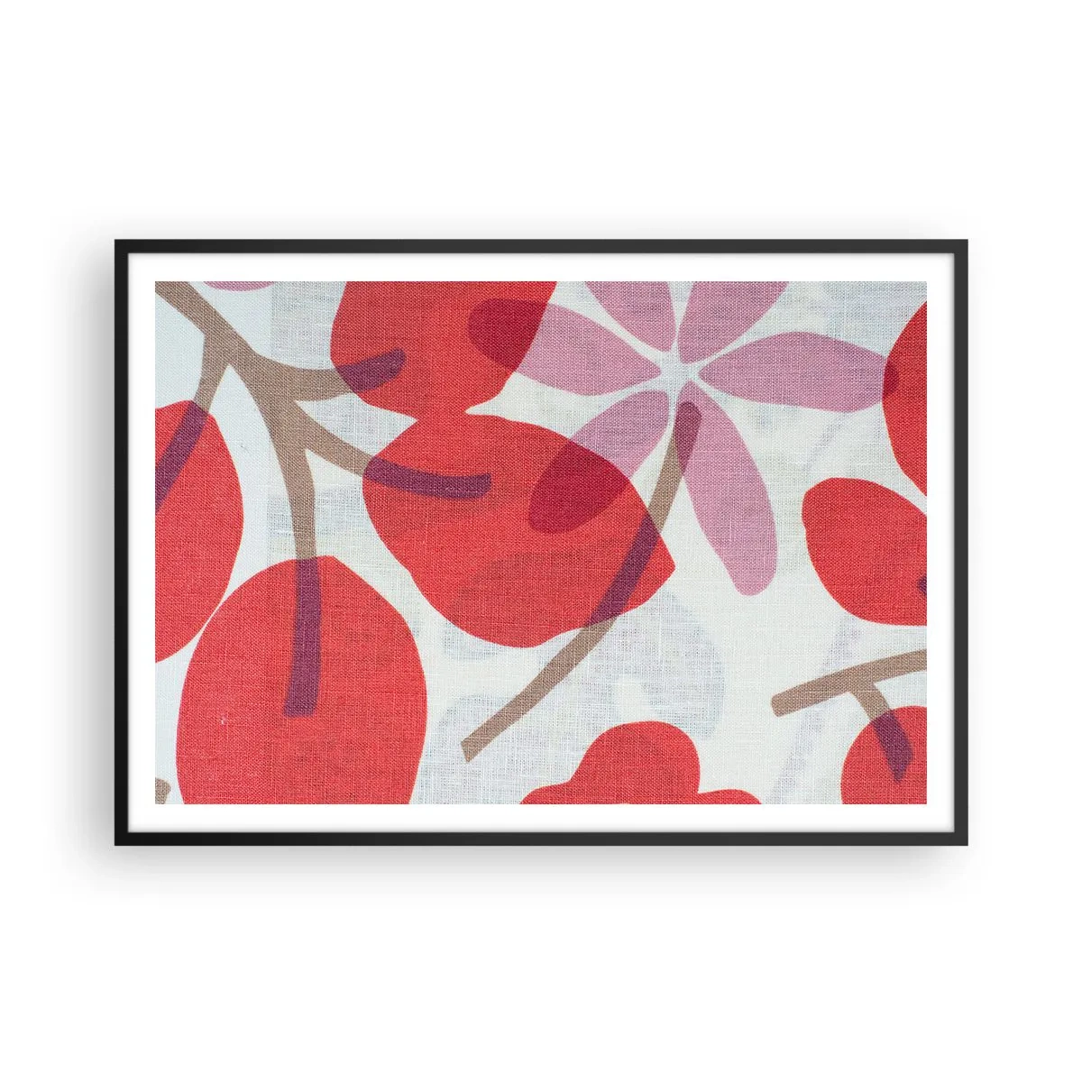 Affiche dans un cadre noir - Poster - Fleurs et feuilles dans les tons de rouge et de rose - 100x70cm - Composition florale dans les roses - Décoration murale moderne pour le salon et la chambre ARTTOR