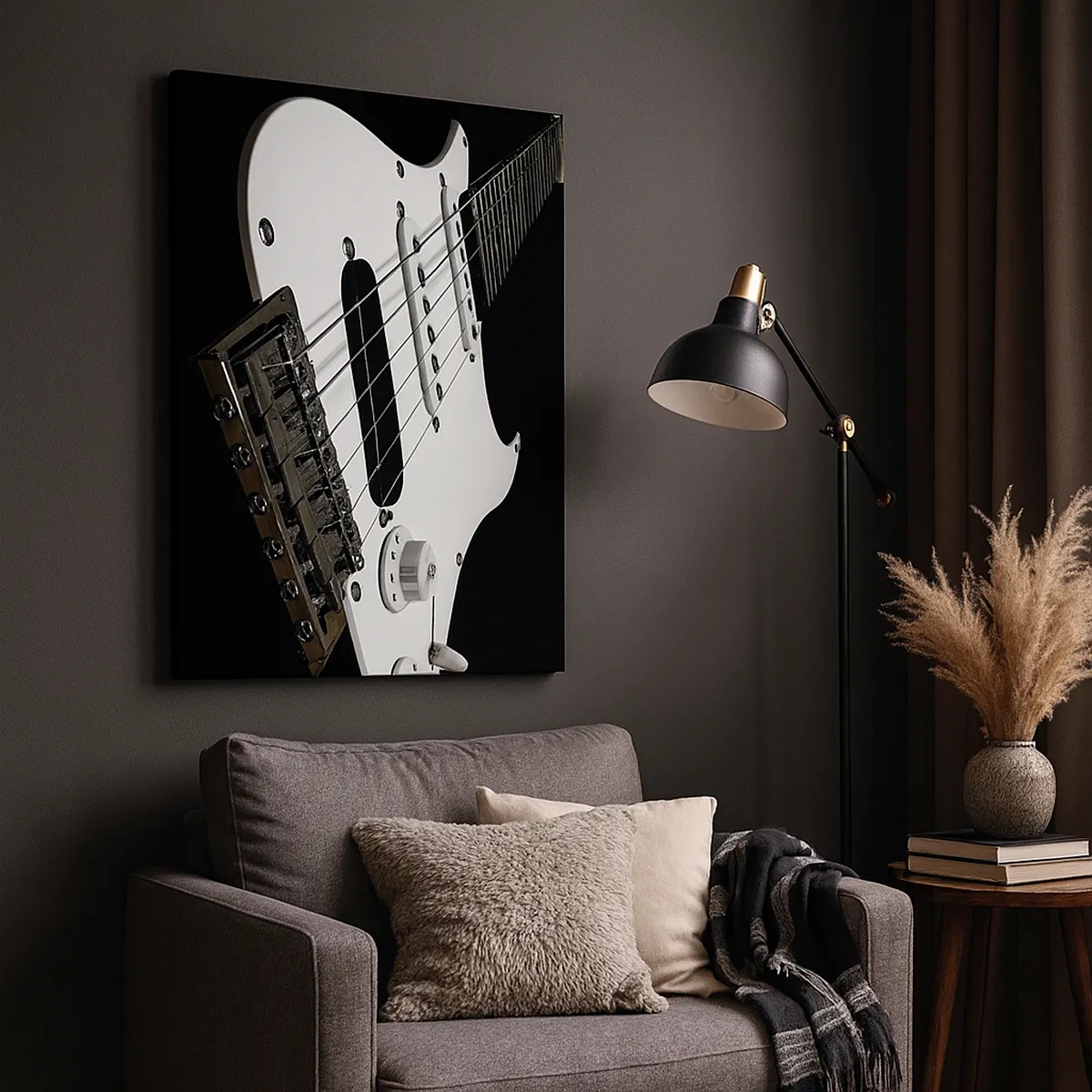 Impression sur toile - Image sur toile - Gros plan d'une guitare électrique blanche sur fond noir. - 50x70cm - Son caché en blanc - Décoration murale moderne pour le salon et la chambre ARTTOR