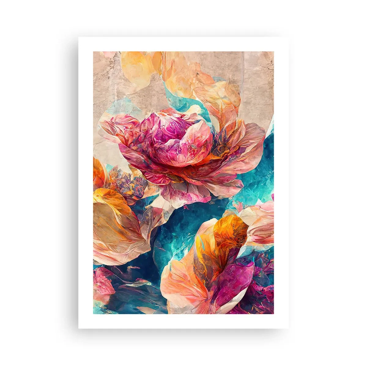 Affiche - Poster - Fleurs abstraites dans les tons de rose et de turquoise - 50x70cm - Splendeur colorée du bouquet - Décoration murale moderne pour le salon et la chambre ARTTOR