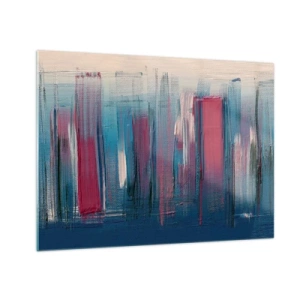 Impression sur verre - Image sur verre - Coups de pinceau verticaux en rouge et bleu sur fond beige - 70x50cm - Composition verticale en bleu et rouge - Décoration murale moderne pour le salon et la chambre ARTTOR