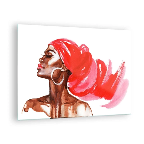 Impression sur verre - Image sur verre - Portrait à l'aquarelle d'une femme au turban rouge - 70x50cm - "Les cheveux dans le vent" - Décoration murale moderne pour le salon et la chambre ARTTOR