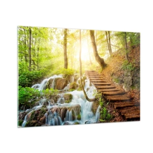 Impression sur verre - Image sur verre - Une cascade forestière avec un chemin en bois éclairé par la lumière du soleil - 100x70cm - Une fraîcheur tant désirée - Décoration murale moderne pour le salon et la chambre ARTTOR