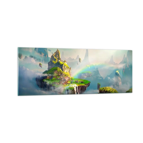 Impression sur verre - Image sur verre - Des îles volantes parmi les nuages avec un arc-en-ciel à l'horizon - 140x50cm - Au milieu des cieux - îles du bonheur - Décoration murale moderne pour le salon et la chambre ARTTOR