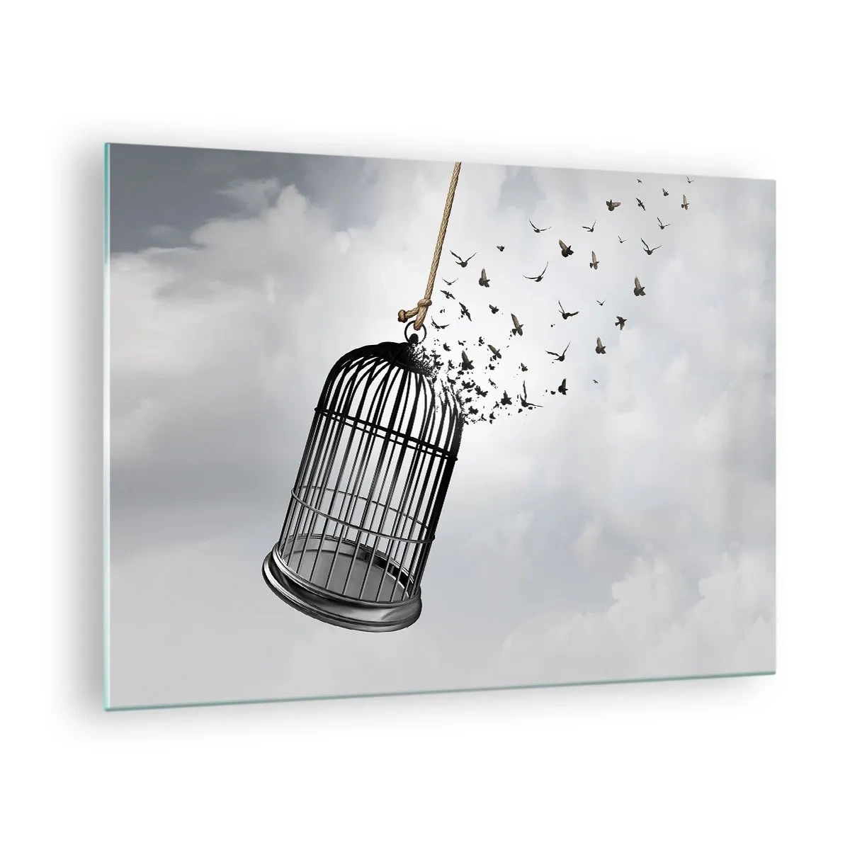 Impression sur verre - Image sur verre - L'ouverture de la cage et les oiseaux qui s'envolent dans le ciel - 70x50cm - Foie...Espoir...Liberté! - Décoration murale moderne pour le salon et la chambre ARTTOR