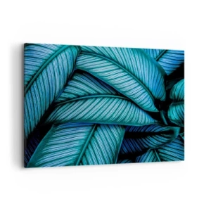 Impression sur toile - Image sur toile - Un gros plan de feuilles turquoise avec des détails vifs. - 100x70cm - Lignes de vie - Décoration murale moderne pour le salon et la chambre ARTTOR