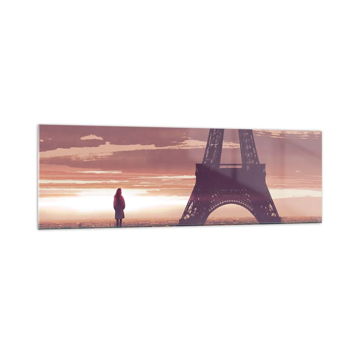 Impression sur verre - Image sur verre - Une silhouette regardant la Tour Eiffel à la lumière du soleil couchant - 160x50cm - Seulement deux d'entre eux - Décoration murale moderne pour le salon et la chambre ARTTOR