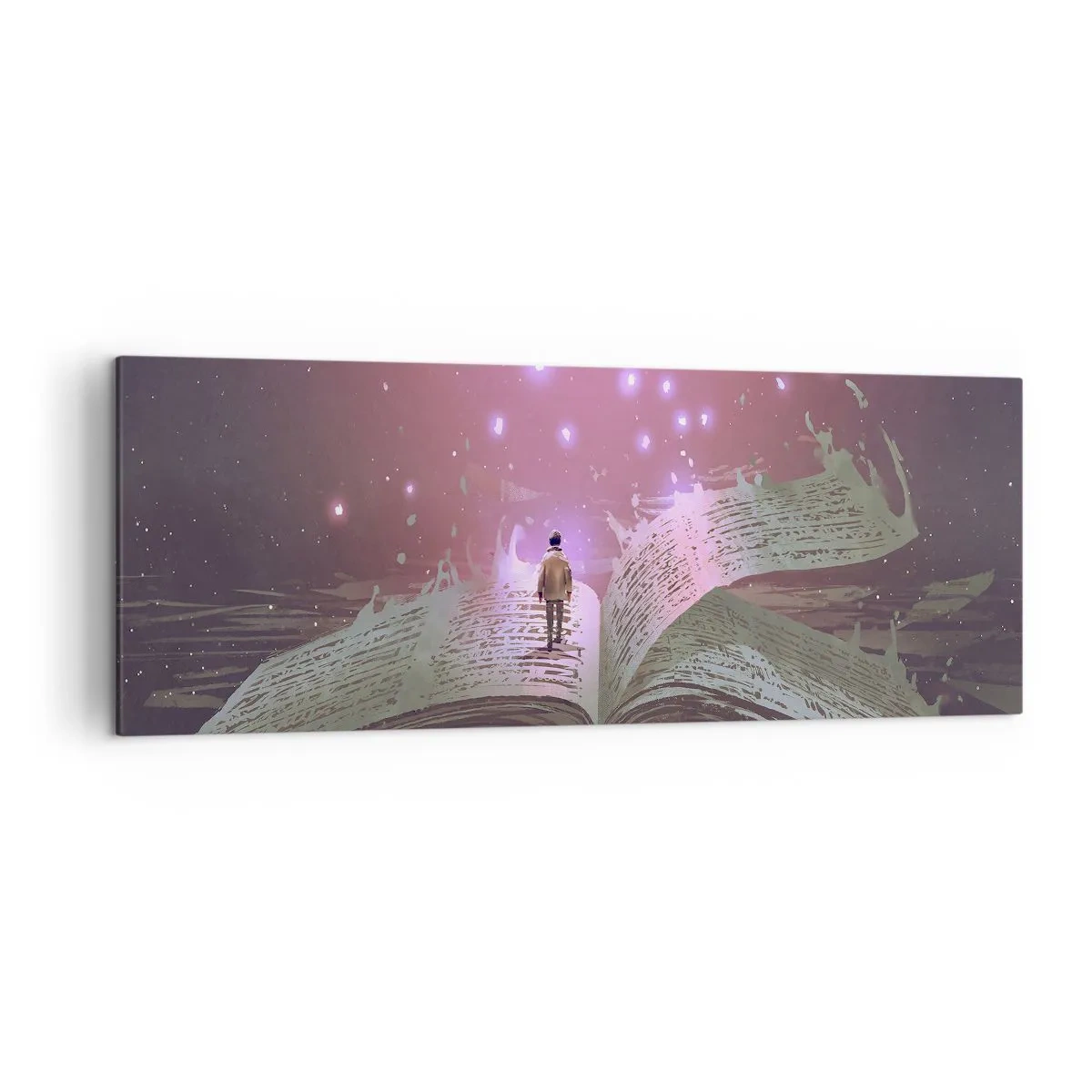 Impression sur toile - Image sur toile - Une silhouette marche sur un livre ouvert dans une lumière magique. - 140x50cm - Invitation à un autre monde - lisez ! - Décoration murale moderne pour le salon et la chambre ARTTOR