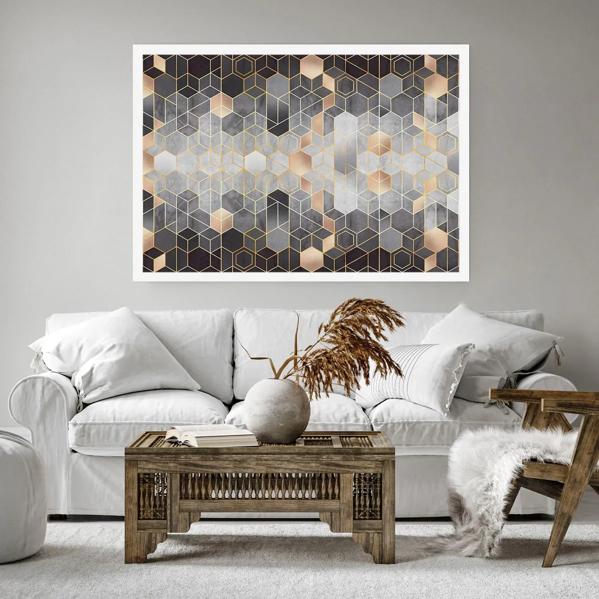 Affiche - Poster - Motif géométrique dans des tons dorés - 100x70cm - Composition de diamants - Décoration murale moderne pour le salon et la chambre ARTTOR