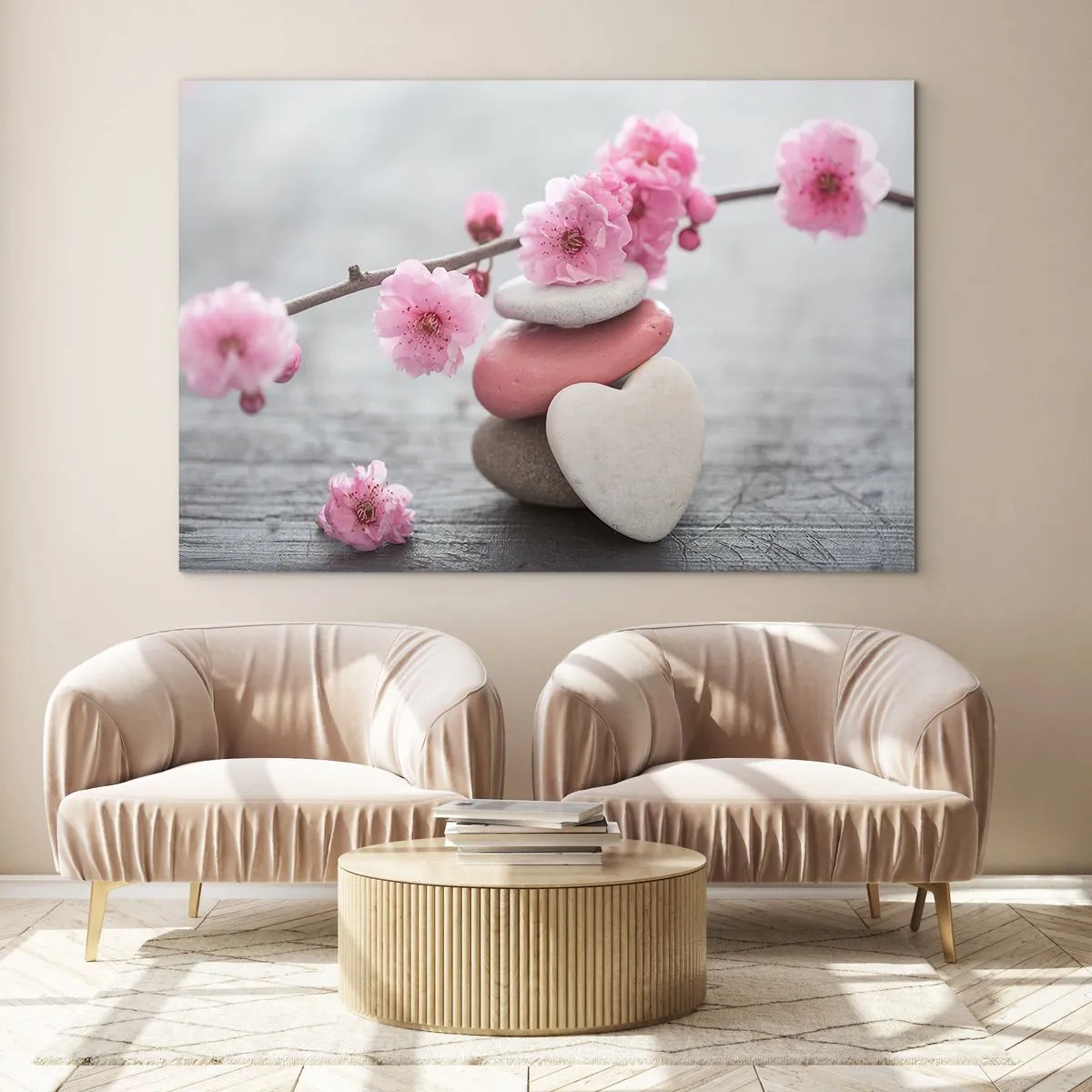 Impression sur verre - Image sur verre - Fleurs de cerisier roses et pierres en forme de cœur - 70x50cm - Le bonheur avec une fleur de cerisier - Décoration murale moderne pour le salon et la chambre ARTTOR