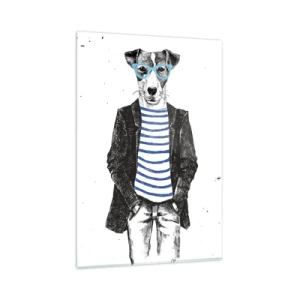 Impression sur verre - Image sur verre - Portrait d'un chien portant des lunettes et une chemise de marin dans un style humoristique - 80x120cm - Un charme de chien - Décoration murale moderne pour le salon et la chambre ARTTOR