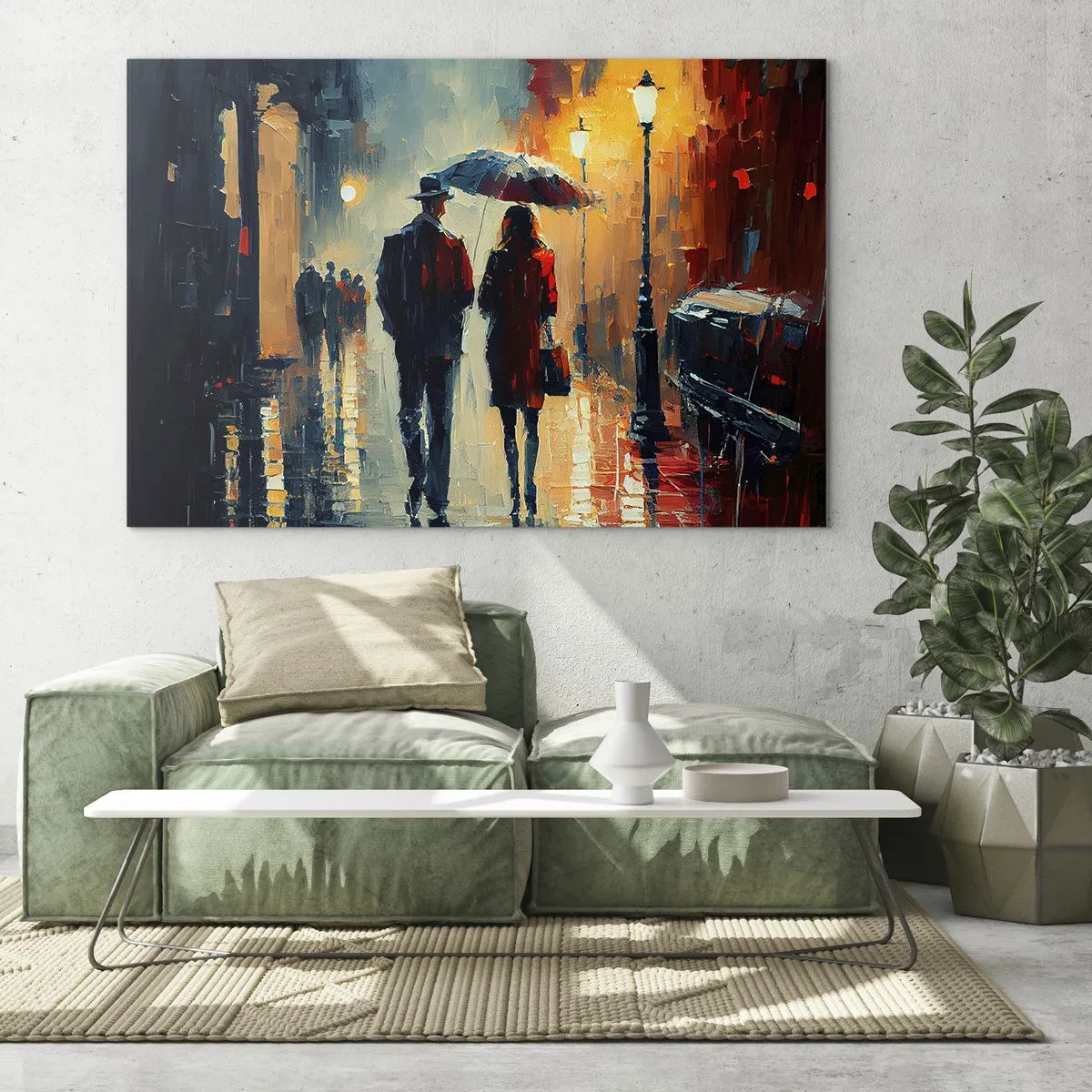 Impression sur verre - Image sur verre - Un couple avec un parapluie marchant dans une rue humide la nuit. - 70x50cm - Histoire d'amour urbaine - Décoration murale moderne pour le salon et la chambre ARTTOR