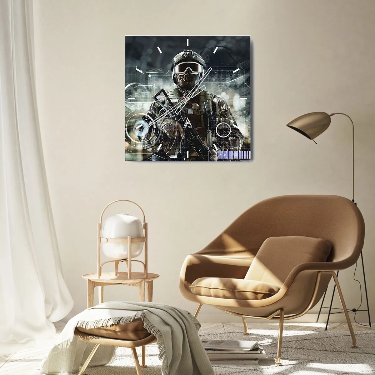 Horloge murale - Pendule murale - Un soldat portant un casque futuriste avec une arme à feu en arrière-plan de la technologie. - 30x30cm - Puissance sans limite - Décoration murale moderne pour le salon et la chambre ARTTOR