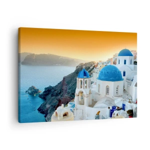 Impression sur toile - Image sur toile - Vue de Santorin avec des bâtiments blancs et une mer bleue - 70x50cm - Santorin - blotti contre les rochers - Décoration murale moderne pour le salon et la chambre ARTTOR