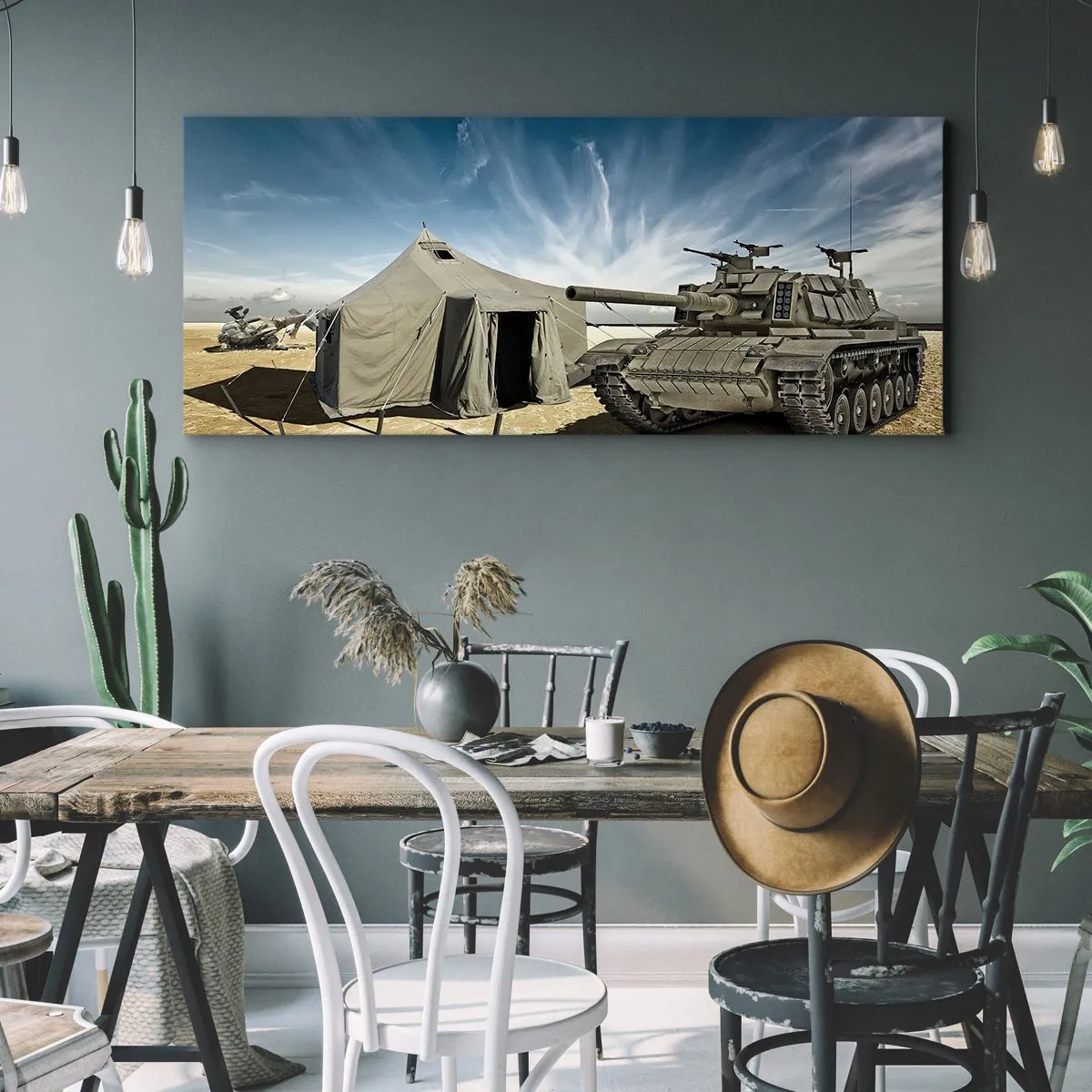 Impression sur toile - Image sur toile - Un char à côté d'une tente militaire dans une zone désertique - 160x50cm - Un rêve militaire - Décoration murale moderne pour le salon et la chambre ARTTOR