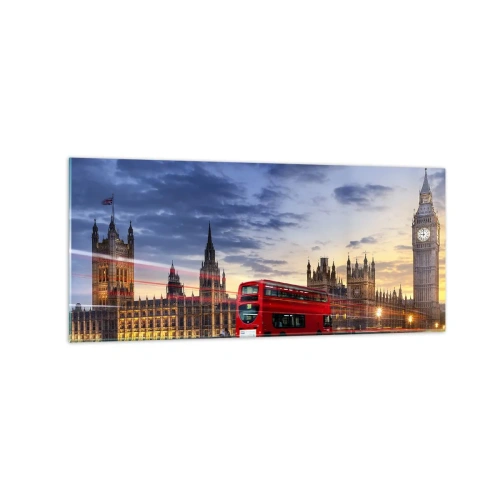 Impression sur verre - Image sur verre - Un bus rouge avec Big Ben et les Chambres du Parlement en arrière-plan au crépuscule. - 120x50cm - Caractères spéciaux - Décoration murale moderne pour le salon et la chambre ARTTOR