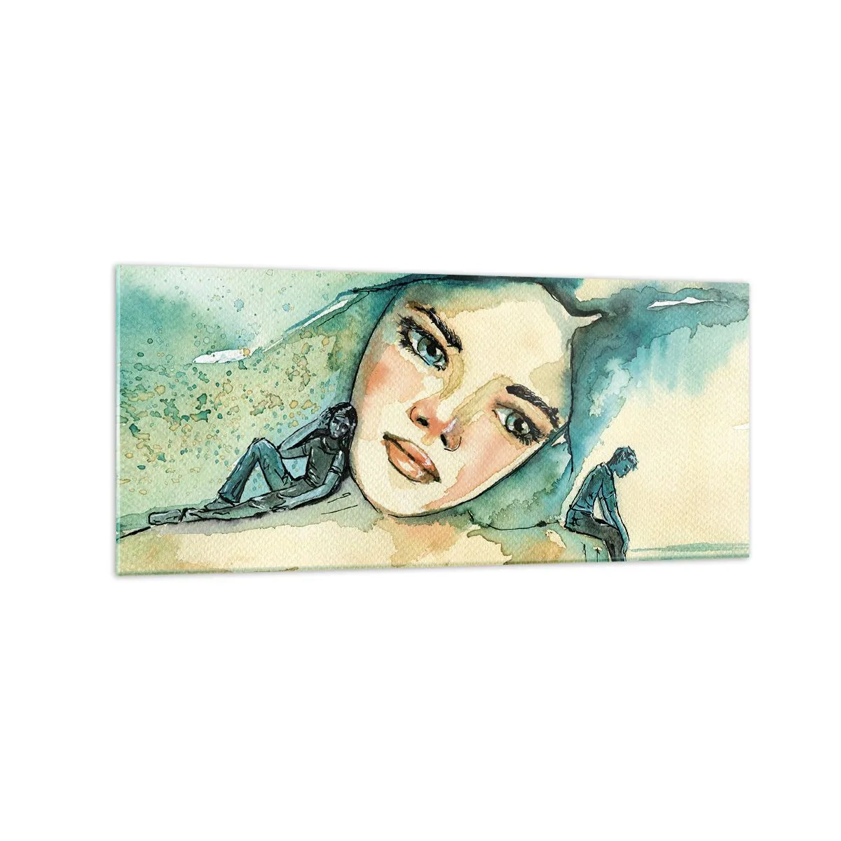 Impression sur verre - Image sur verre - Aquarelle d'un visage de femme avec un motif réfléchissant - 120x50cm - Suis-je bleu? - Décoration murale moderne pour le salon et la chambre ARTTOR