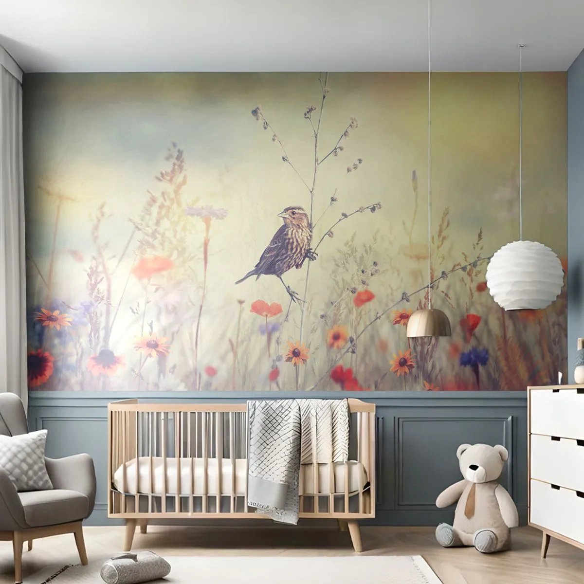 Papier Peint Autocollant Deluxe Sticker - Portrait d'oiseau sur pré en fond - Oiseau, Prairie, Nature - 300x210 cm