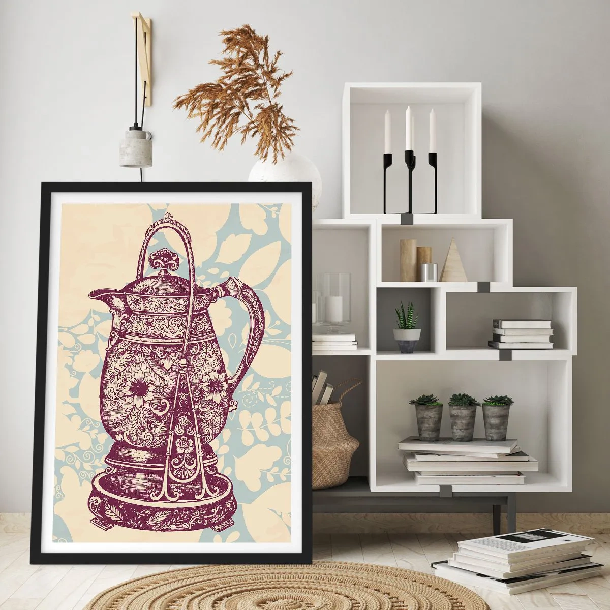 Affiche dans un cadre noir - Poster - Une cruche vintage décorée sur un fond décoratif - 50x70cm - La beauté du quotidien - Décoration murale moderne pour le salon et la chambre ARTTOR