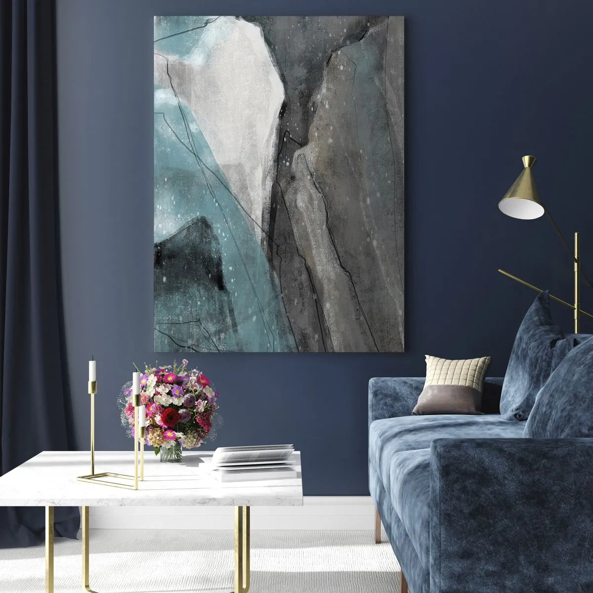 Impression sur verre - Image sur verre - Composition abstraite dans les tons de gris et de bleu - 70x100cm - Résumé : roches et glace - Décoration murale moderne pour le salon et la chambre ARTTOR