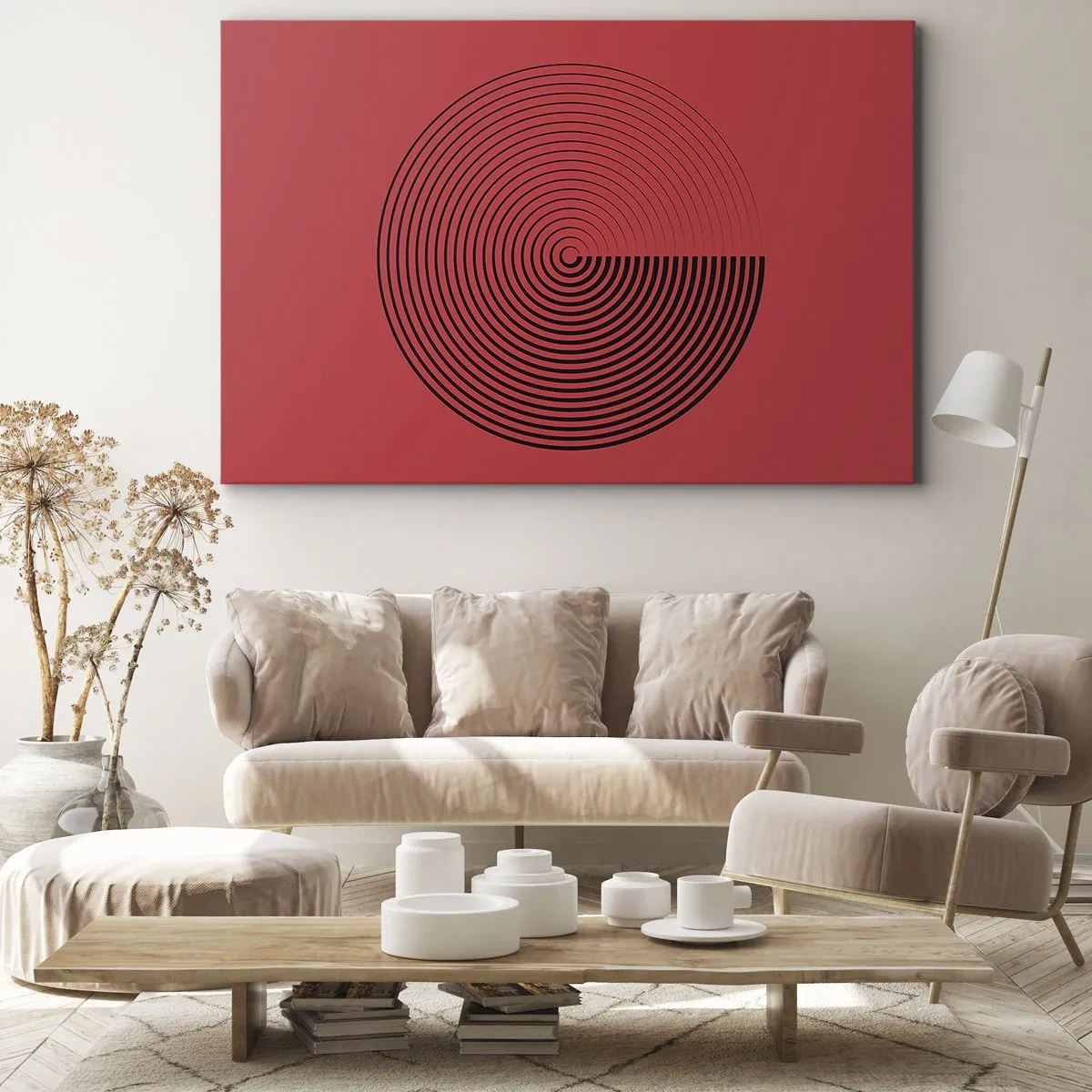 Impression sur toile - Image sur toile - Cercles concentriques sur fond rouge - 120x80cm - Mouvement circulaire - Décoration murale moderne pour le salon et la chambre ARTTOR