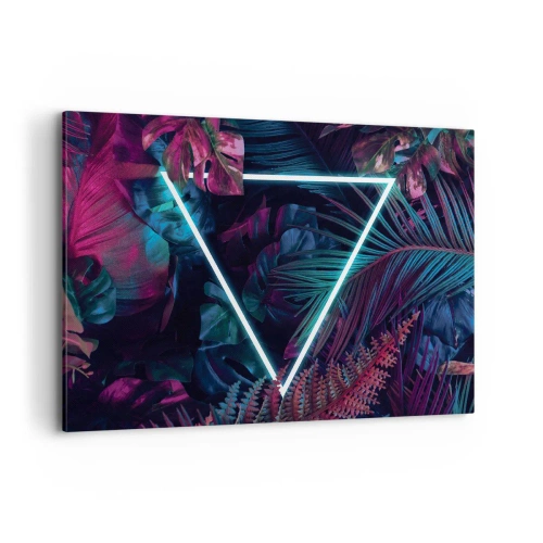 Impression sur toile - Image sur toile - Un triangle néon entouré de feuilles tropicales aux couleurs sombres. - 100x70cm - Jardin de style disco - Décoration murale moderne pour le salon et la chambre ARTTOR