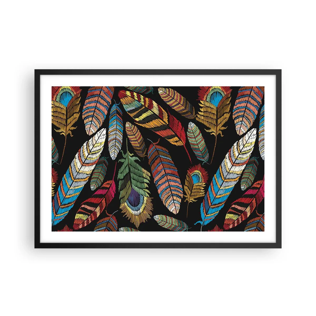 Affiche dans un cadre noir - Poster - Plumes colorées sur fond noir - 70x50cm - Le carnaval des oiseaux - Décoration murale moderne pour le salon et la chambre ARTTOR