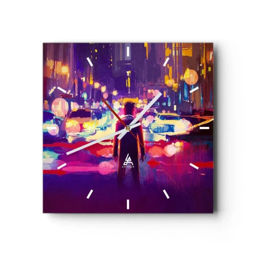 Horloge murale - Pendule murale - Un homme dans une scène nocturne de ville au néon - 30x30cm - Immergé dans la lumière - Décoration murale moderne pour le salon et la chambre ARTTOR