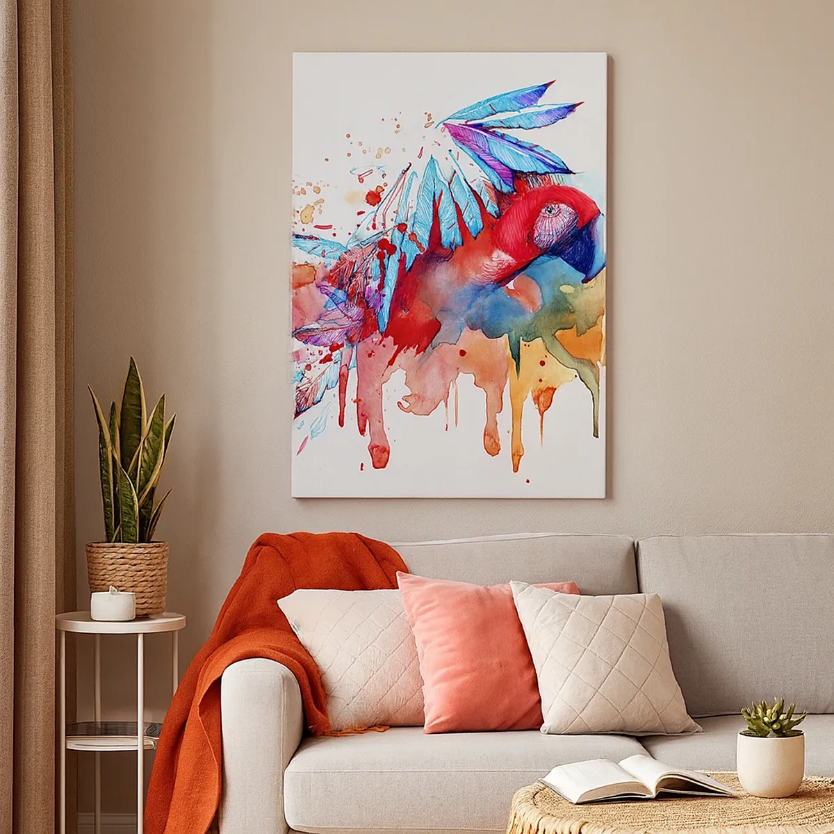 Impression sur toile - Image sur toile - Un perroquet dans un style aquarelle artistique - 50x70cm - Perroquets colorés - Décoration murale moderne pour le salon et la chambre ARTTOR