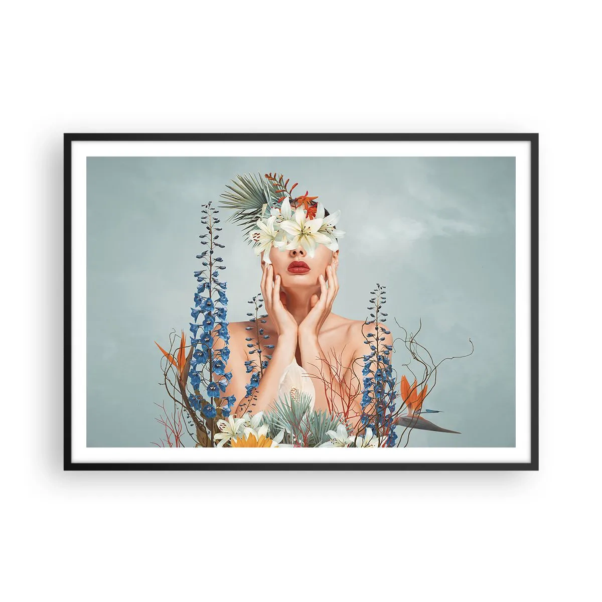 Affiche dans un cadre noir - Poster - Portrait d'une femme avec un motif floral sur fond bleu - 100x70cm - Femme - fleur - Décoration murale moderne pour le salon et la chambre ARTTOR