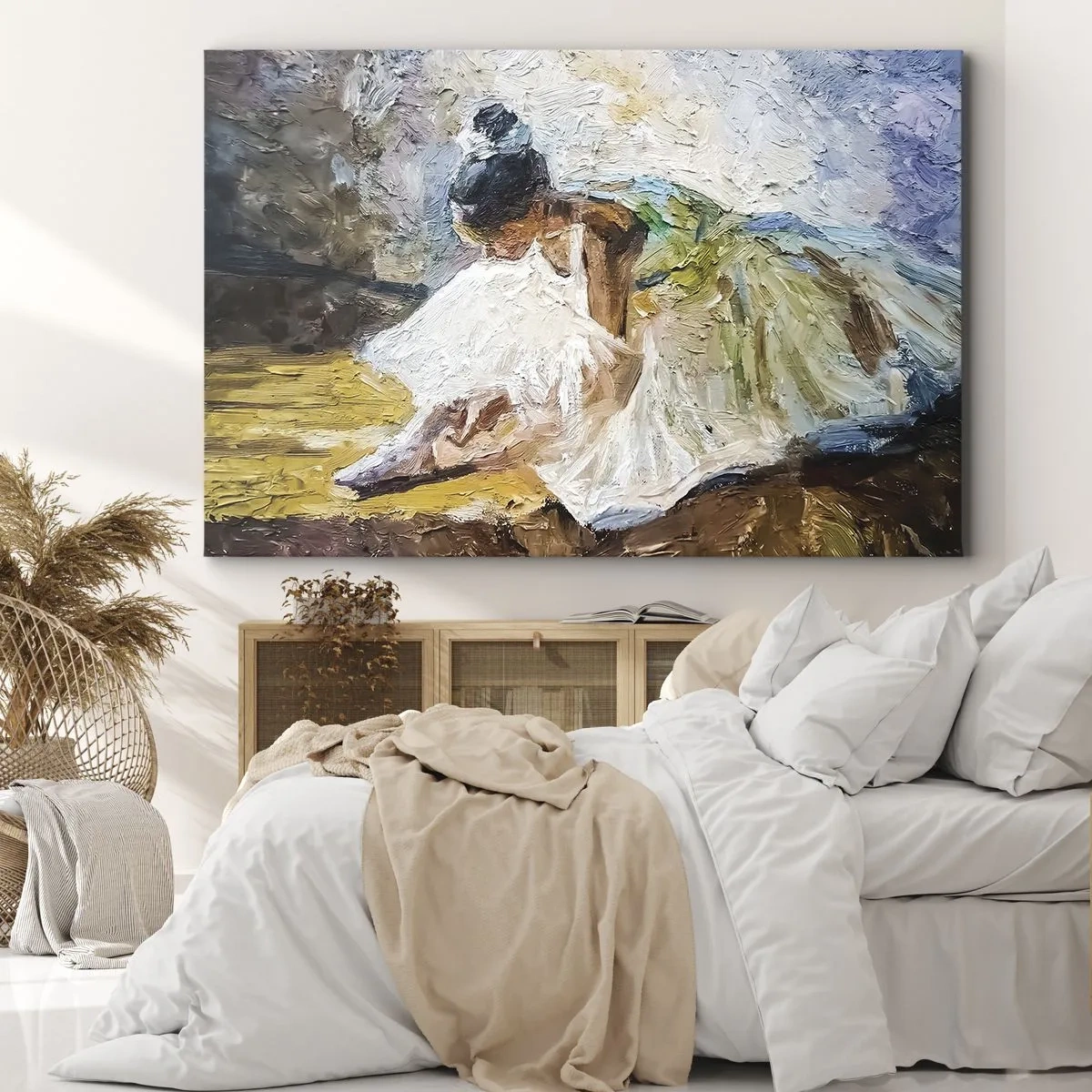 Impression sur toile - Image sur toile - Une ballerine en robe blanche dans un style pictural sur un fond impressionniste. - 100x70cm - D'après un tableau de Degas - Décoration murale moderne pour le salon et la chambre ARTTOR
