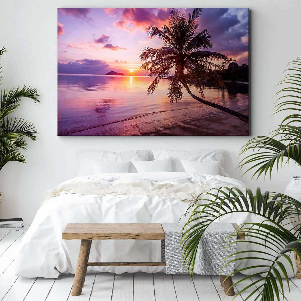 Impression sur toile - Image sur toile - Plage tropicale avec palmier au coucher du soleil - 120x80cm - Le bonheur à l'horizon - Décoration murale moderne pour le salon et la chambre ARTTOR