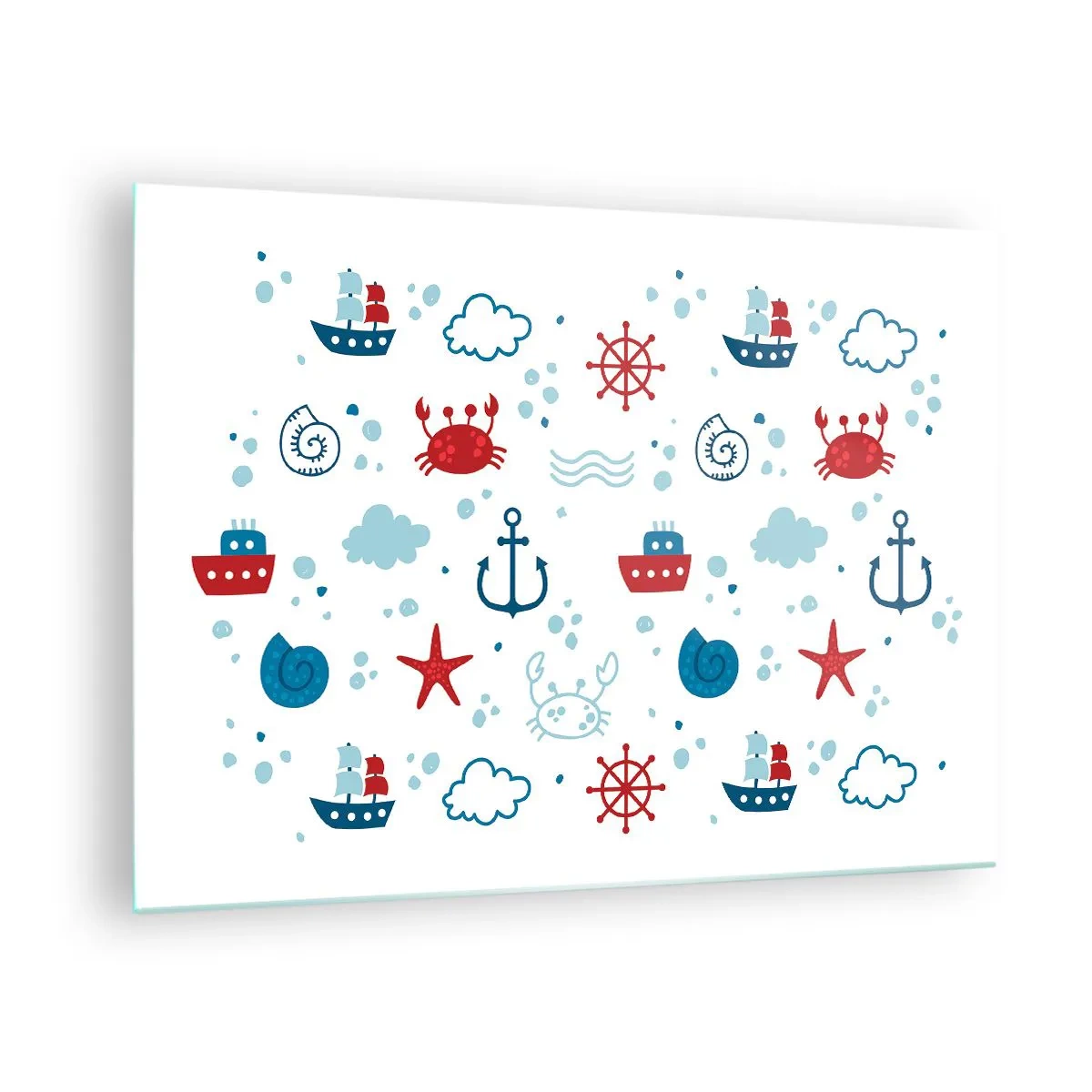 Impression sur verre - Image sur verre - Motifs nautiques avec crabes, ancres et navires - 70x50cm - Conte de fées de la mer - Décoration murale moderne pour le salon et la chambre ARTTOR