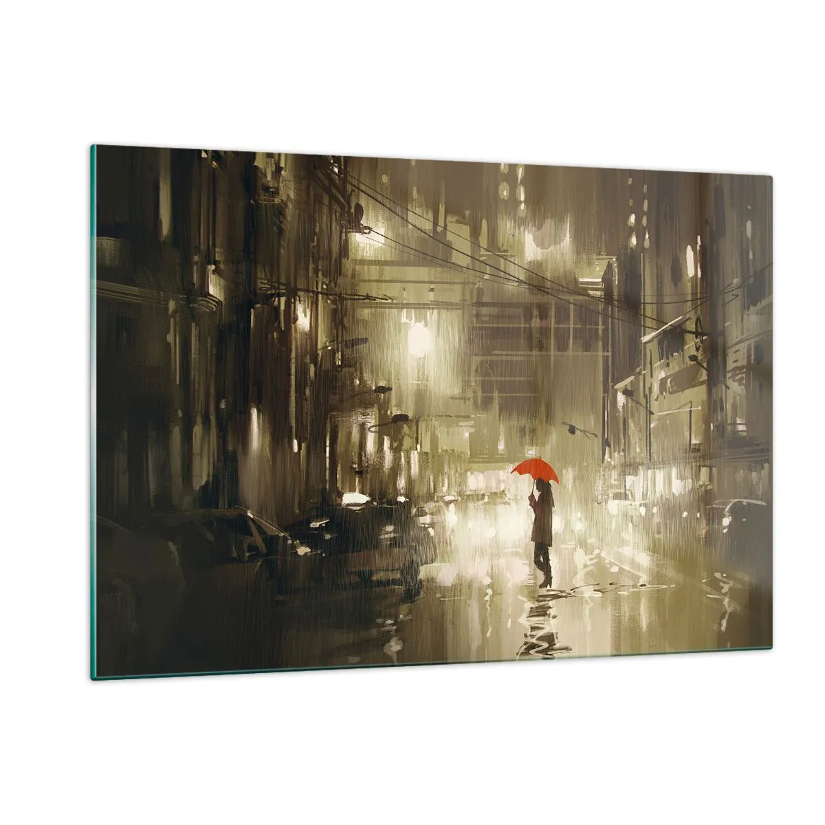Impression sur verre - Image sur verre - Personne avec un parapluie rouge dans la lumière pluvieuse de la ville la nuit - 120x80cm - Seule mais pas solitaire - Décoration murale moderne pour le salon et la chambre ARTTOR