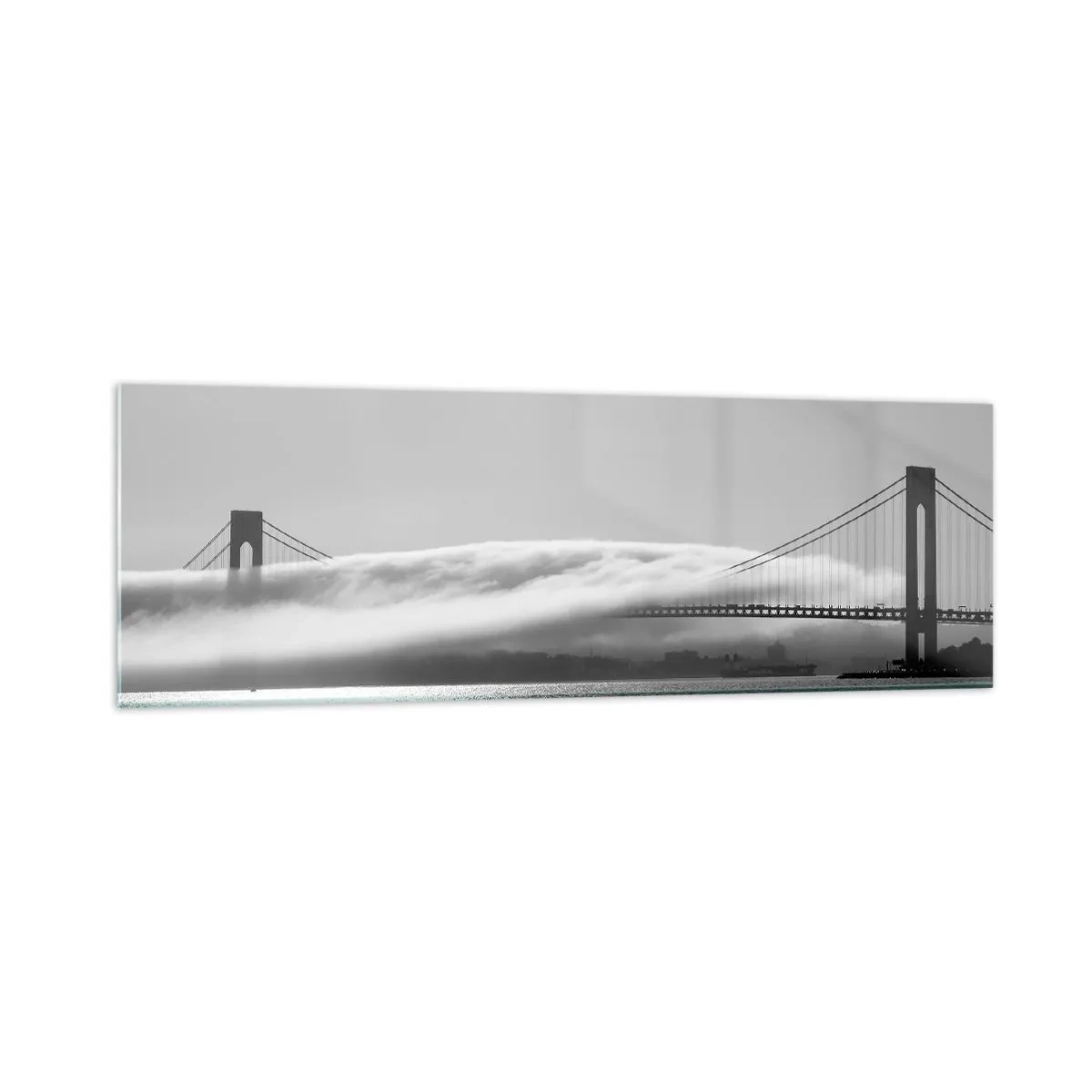 Impression sur verre - Image sur verre - Un pont sur l'eau enveloppé de brouillard dans une photo en noir et blanc - 160x50cm - Naviguez à travers les Portes des Étoiles - Décoration murale moderne pour le salon et la chambre ARTTOR