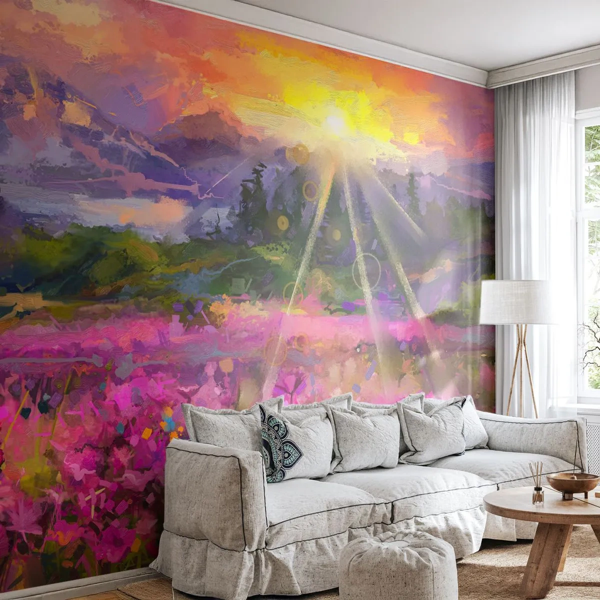 Papier Peint Autocollant Deluxe Sticker - Dans la vallée à l'abri du soleil - Abstraction, Paysage, Fleurs - 150x105 cm