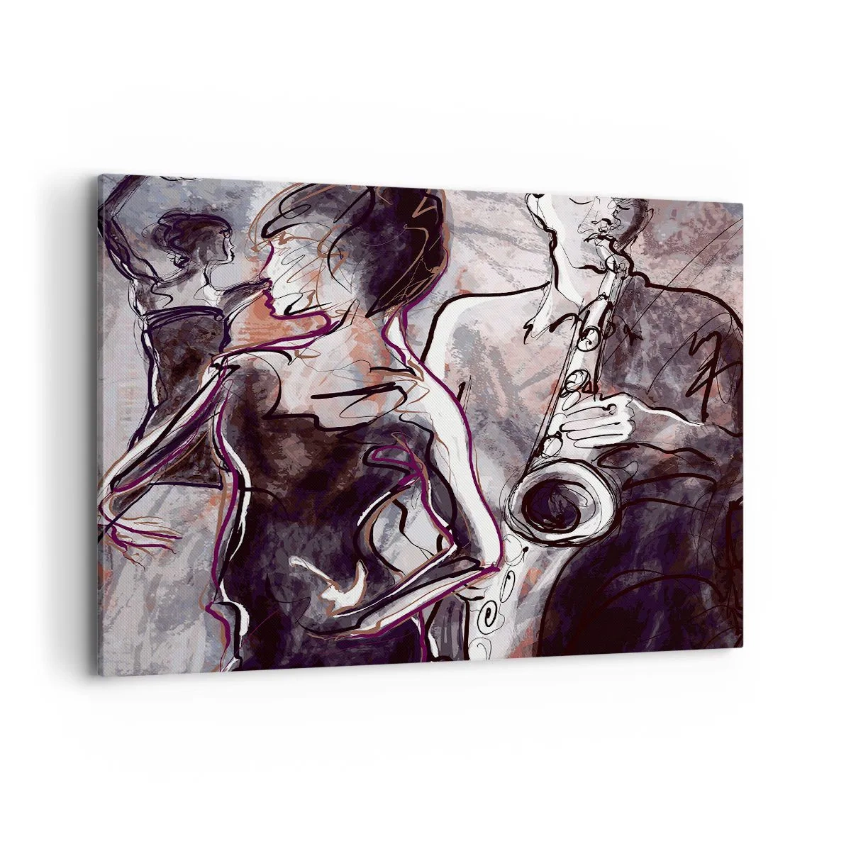 Impression sur toile - Image sur toile - Scène de jazz abstraite avec un saxophoniste et une femme dansante. - 120x80cm - Ne faire qu'un avec la musique - Décoration murale moderne pour le salon et la chambre ARTTOR