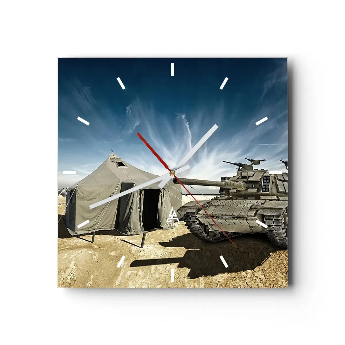 Horloge murale - Pendule murale - Un char à côté d'une tente militaire dans une zone désertique - 30x30cm - Un rêve militaire - Décoration murale moderne pour le salon et la chambre ARTTOR