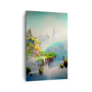 Impression sur toile - Image sur toile - Des îles volantes parmi les nuages avec un arc-en-ciel à l'horizon - 80x120cm - Au milieu des cieux - îles du bonheur - Décoration murale moderne pour le salon et la chambre ARTTOR