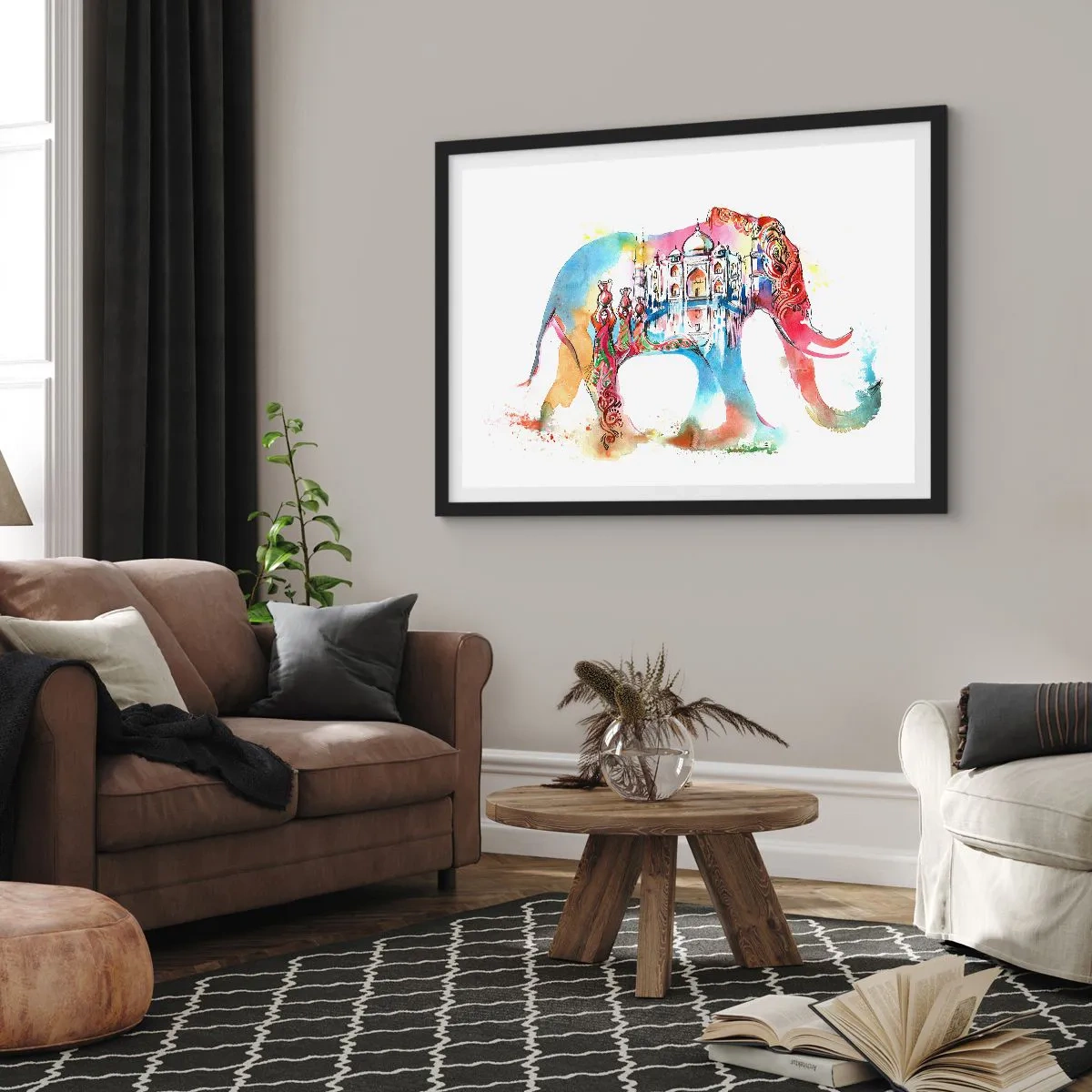 Affiche dans un cadre noir - Poster - Aquarelle colorée d'un éléphant avec un motif du Taj Mahal - 70x50cm - Inde - l'aura de l'amour - Décoration murale moderne pour le salon et la chambre ARTTOR