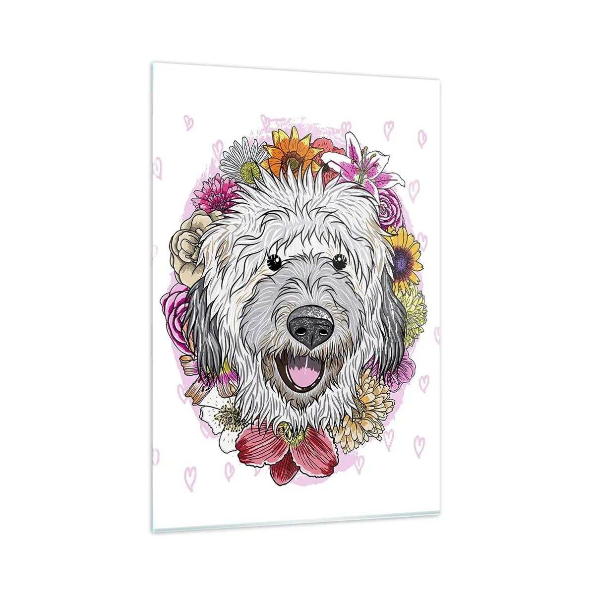 Impression sur verre - Image sur verre - Un chien entouré de fleurs colorées - 80x120cm - La joie du chiot - Décoration murale moderne pour le salon et la chambre ARTTOR