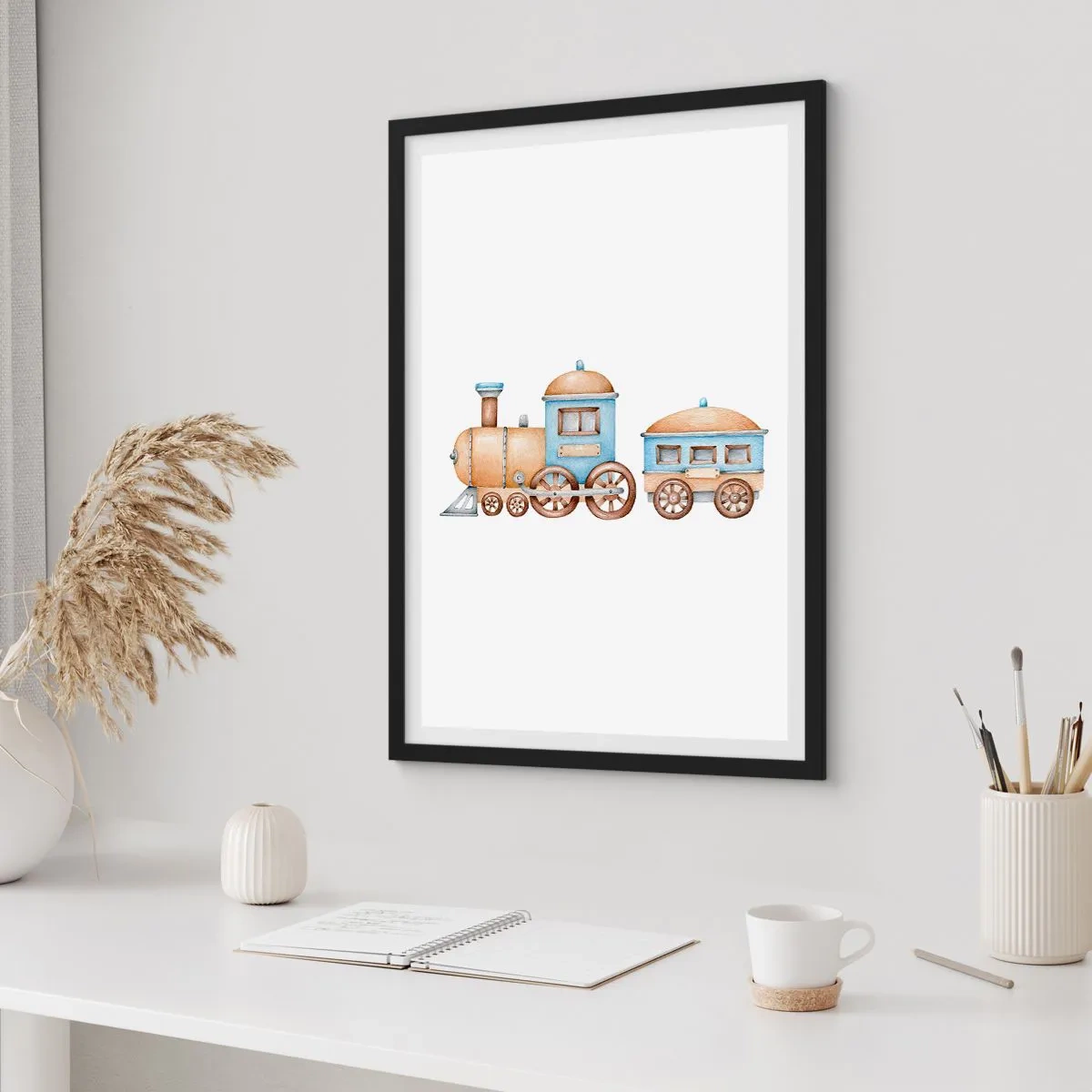Affiche dans un cadre noir - Poster - Train aquarelle dans les tons bleu et beige - 50x70cm - Il est à la gare... - Décoration murale moderne pour le salon et la chambre ARTTOR