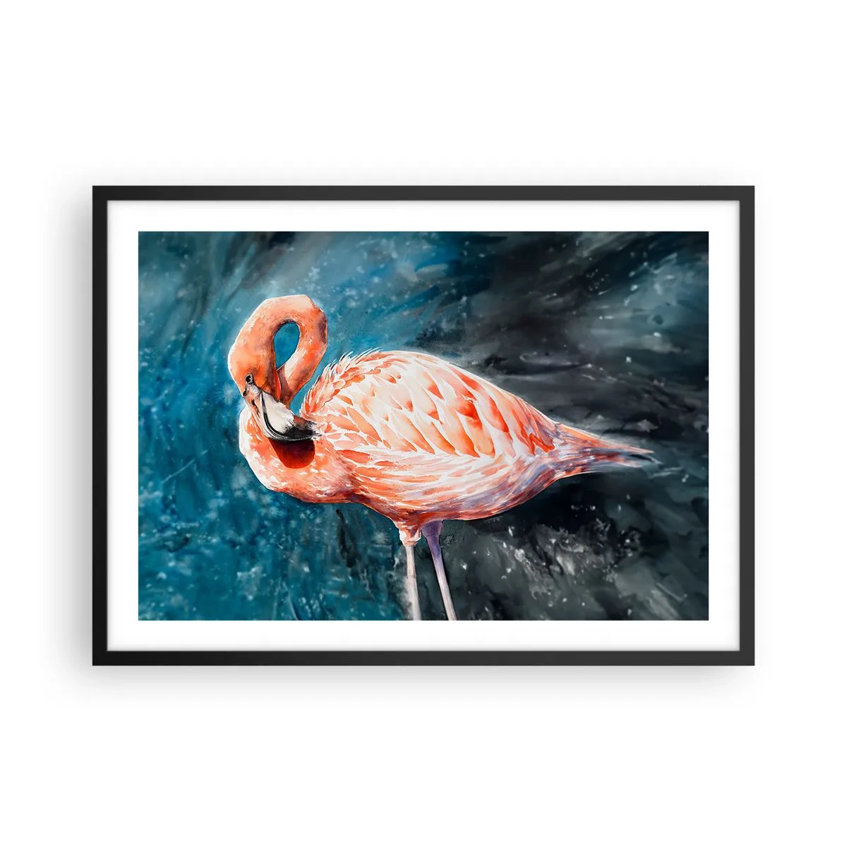 Affiche dans un cadre noir - Poster - Un flamant rose sur un fond bleu aquarelle - 70x50cm - Décoratif par nature - Décoration murale moderne pour le salon et la chambre ARTTOR