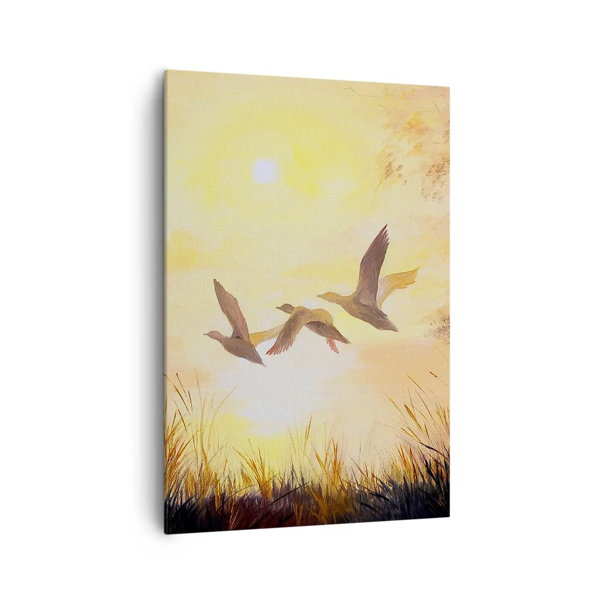 Impression sur toile - Image sur toile - Canards volant au lever du soleil au-dessus du lac - 70x100cm - Le début d'un long voyage - Décoration murale moderne pour le salon et la chambre ARTTOR