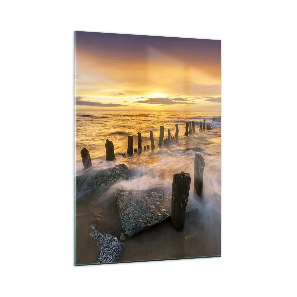 Impression sur verre - Image sur verre - Coucher de soleil sur la mer avec des pilotis en bois sur la plage - 50x70cm - La beauté brute de la mer Baltique - Décoration murale moderne pour le salon et la chambre ARTTOR