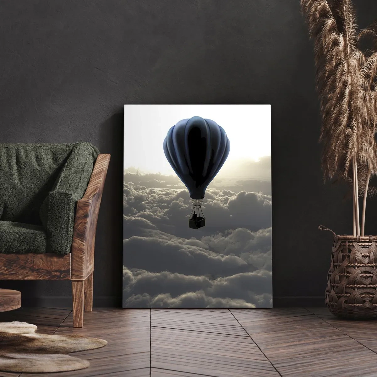 Impression sur toile - Image sur toile - Une montgolfière contre un ciel nuageux au coucher du soleil - 70x100cm - Un vagabond au dessus des nuages - Décoration murale moderne pour le salon et la chambre ARTTOR