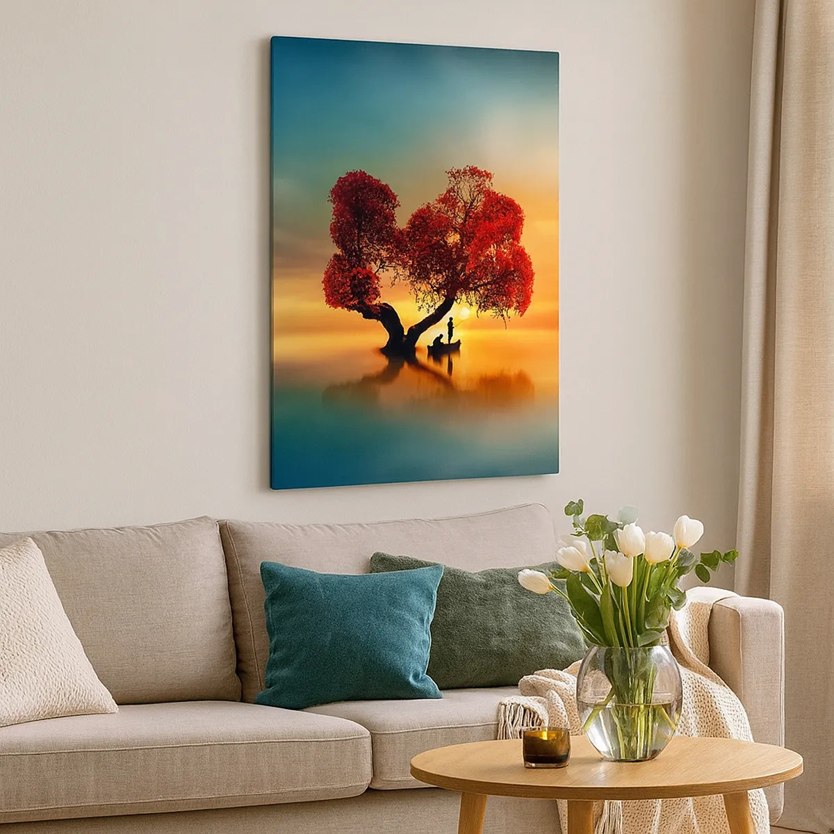 Impression sur toile - Image sur toile - Un arbre à feuilles rouges et un bateau sur l'eau au coucher du soleil - 50x70cm - Plénitude et éloignement sans monde - Décoration murale moderne pour le salon et la chambre ARTTOR