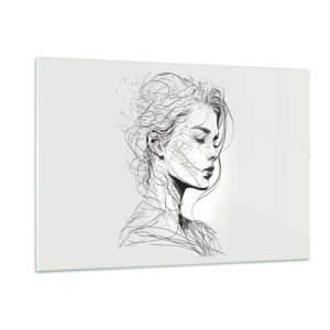 Impression sur verre - Image sur verre - Un croquis en noir et blanc d'une femme aux yeux fermés dans une ligne délicate. - 120x80cm - Portrait en pensée - Décoration murale moderne pour le salon et la chambre ARTTOR